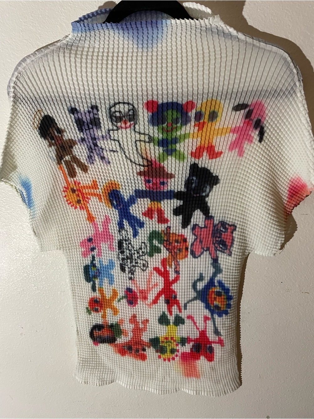 Multicolor Graphic Waffle-Knit Crew Neck Top — White